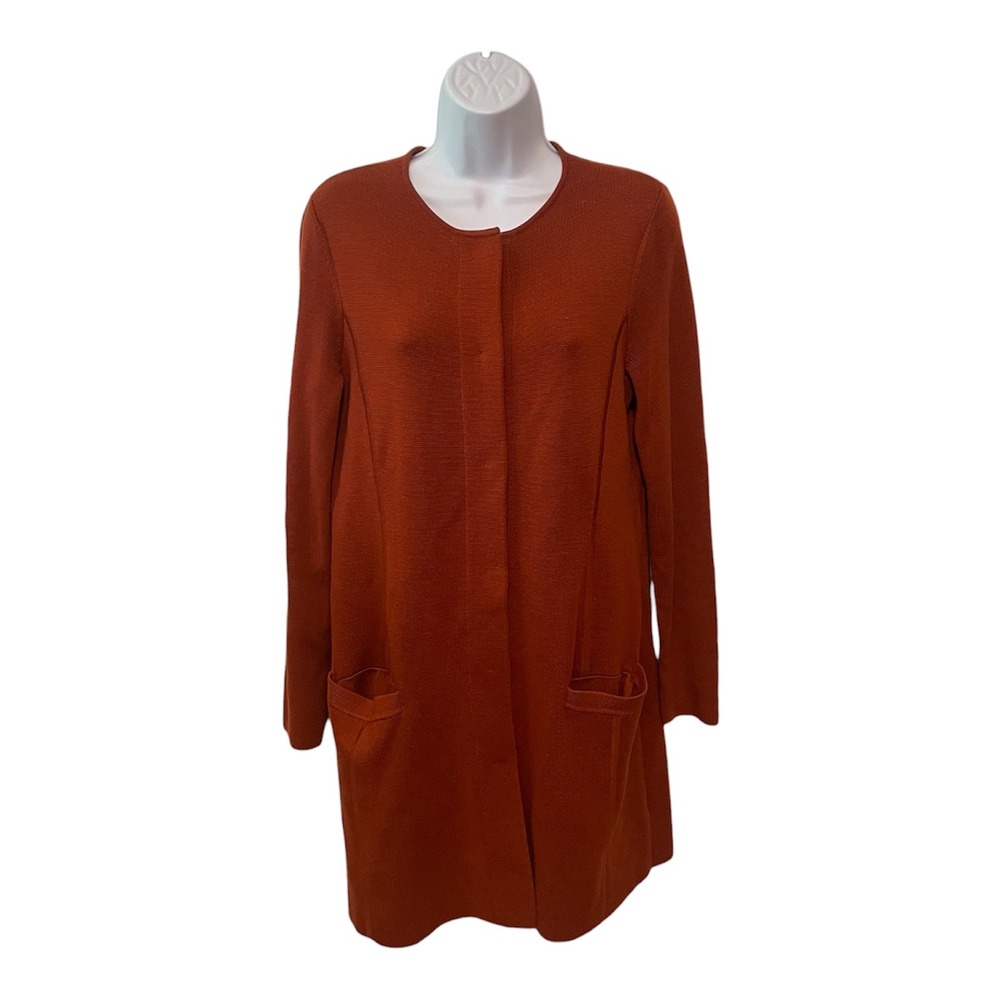 Talbots Pure Merino Wool Long Cardigan Sweater Rust Orange Hidden Snap Front M